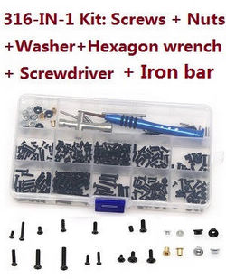 Shcong Wltoys 124018 RC Car accessories list spare parts 316 in 1, Screws, Nuts, Flat Washer, Hexagon Wrench, Screwdriver, Small iron bar Kit.